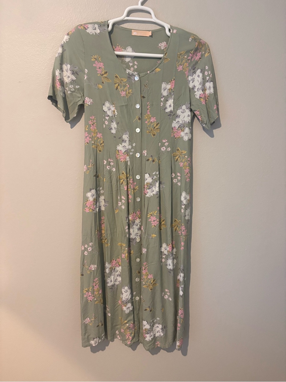Olive Green Floral Button-Front Midi Dress